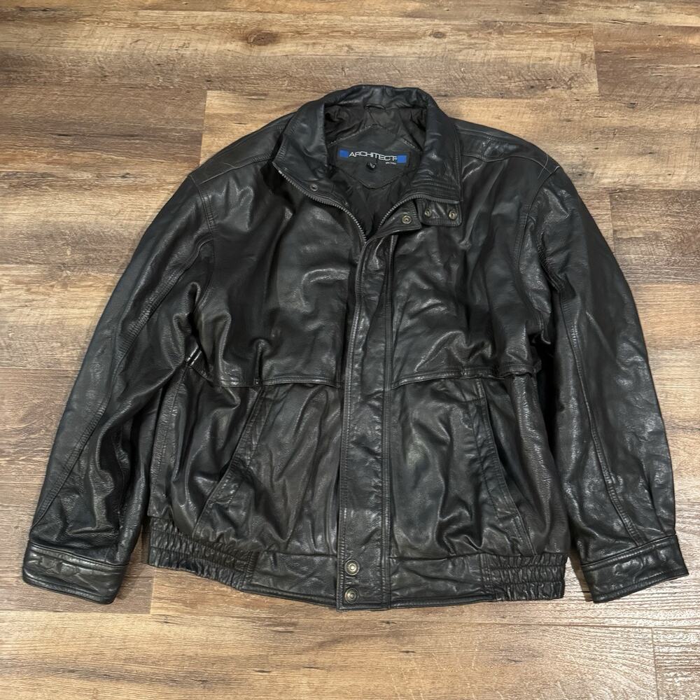 VTG Architect Jacket Black Leather Collared Zip Pockets Quilt Insulated Large